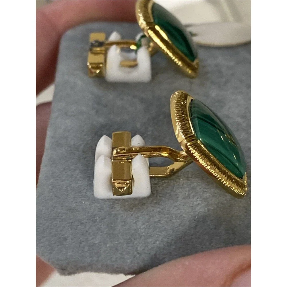 Vintage Japan Sterling Silver Gold-Plated Malachite Cufflink Gift Set